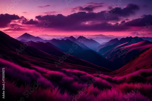 A mountain range at dusk, with the peaks casting long shadows over the valleys. The sky above is a spectacle of colors, ranging from deep violet to a soft, glowing pink