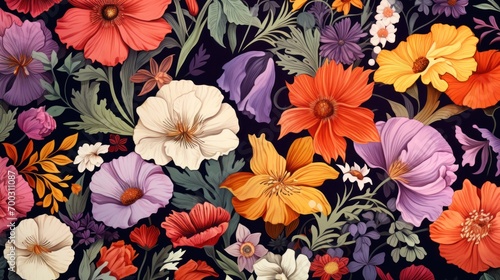  a bunch of colorful flowers that are on a black background with red  yellow  orange  and white flowers.