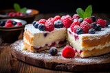 A traditional Polish dessert, Sernik, served on a rustic table with a garnish of fresh berries and powdered sugar