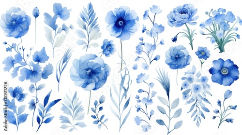  a bunch of blue flowers that are painted in watercolor on a white background, each with a different type of flower. photo
