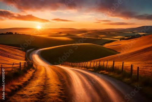 A peaceful countryside landscape at sunset, with a winding road leading towards rolling hills under a colorful sky