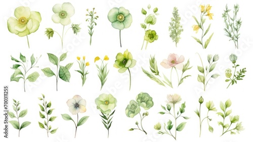  a set of watercolor flowers and leaves on a white background stock photo - budget - free flowers and leaves on a white background.