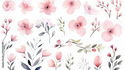  a set of watercolor pink flowers and leaves on a white background stock photo - budget - free stock photo. photo