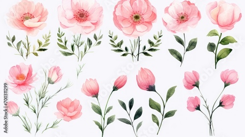  a set of watercolor pink flowers with green leaves and buds on a white background with a place for text. photo