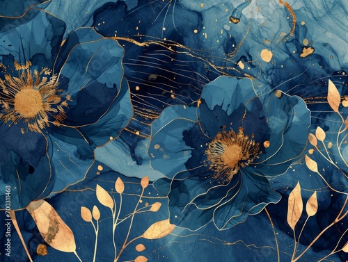 Blue watercolor floral seamless pattern with poppies and golden elements. Generative AI