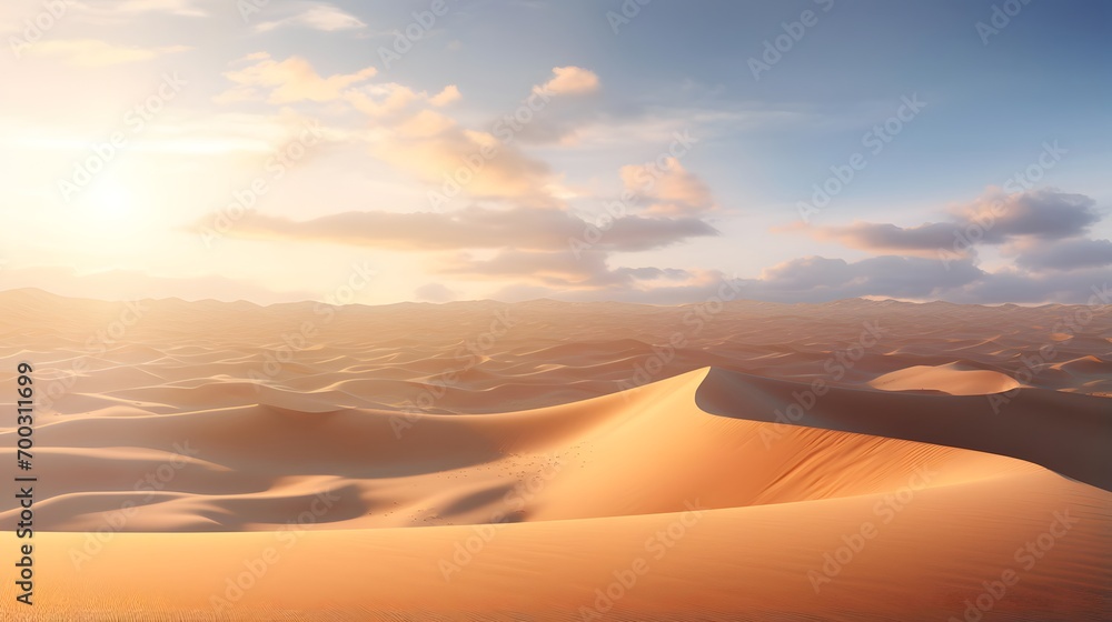 Beautiful panorama of sand dunes at sunset. 3d rendering