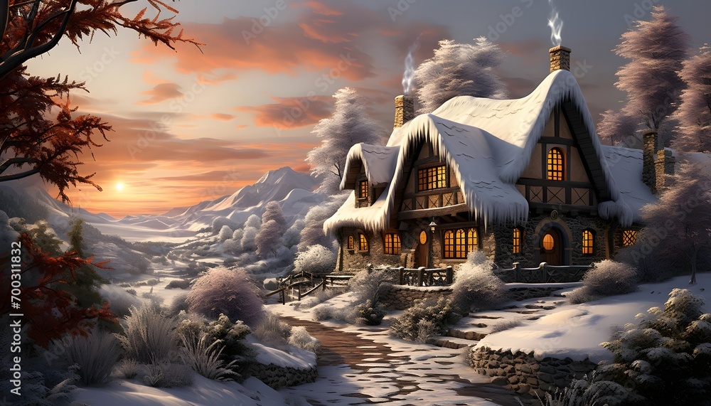 Winter landscape with snow covered house. 3d render. Christmas background.