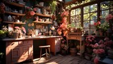 Vintage flower shop in the garden with flowers, plants and furniture