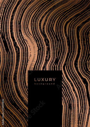 Template with wooden texture. Luxury golden background with wood annual rings texture. Banner with tree ring pattern. Stamp of tree trunk in section. Wooden concentric circles
