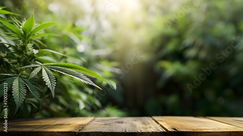 Grüne Ästhetik: Holzregal für Cannabis-Produkte mit naturnahem Hintergrund photo