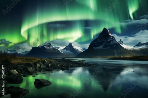 Enchanting green aurora gracefully swaying above hills, offering a breathtaking panoramic display. Generative AI