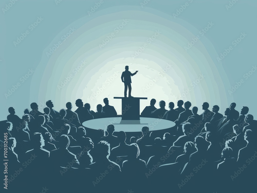 illustration of a speaker standing in front of a crowd of people. Generative AI