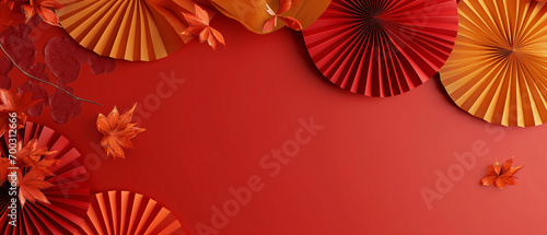 2024 Chinese New Year Banner folding paper fans on red background.