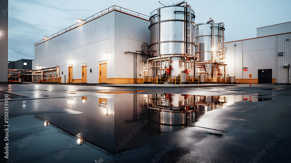 Obraz premium industrial facility at dusk, with shiny storage tanks and wet pavement reflecting the lights of the building and the evening sky