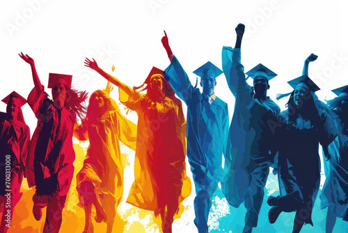 Silhouettes of joyous graduates jumping with delight against a radiant backdrop capture the exhilarating moment of graduation success.