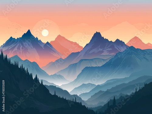 Mountains and forest at sunset. illustration for your design. Generative AI © Alex