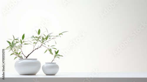  a couple of white vases sitting on top of a table with a plant in one of the vases.