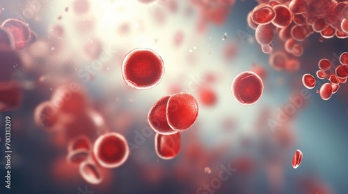  a group of red blood cells floating in a blue and white liquid filled with red blood, with a blurry light in the background.