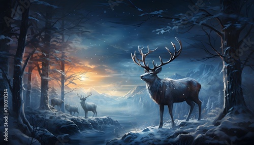 Fantasy landscape with deer in winter forest. 3D illustration. © Iman