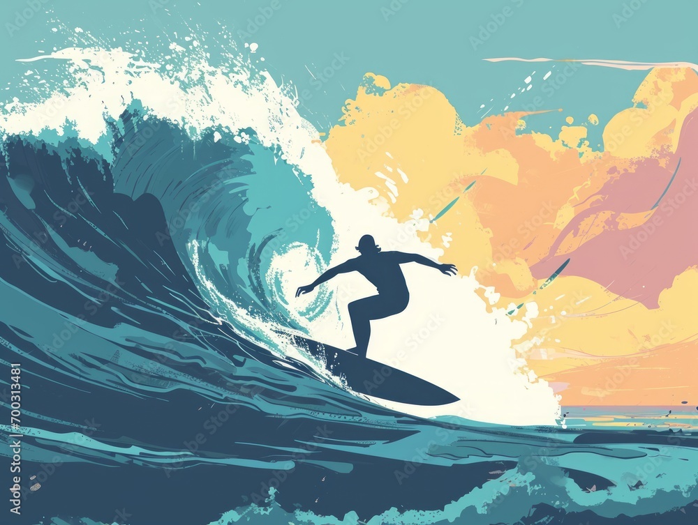 Surfer on the wave. illustration. Design element for poster, card, banner. Generative AI