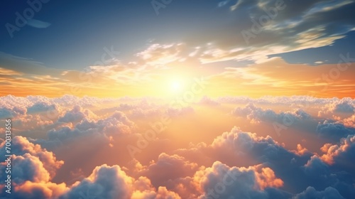  the sun shines brightly through the clouds in the sky as seen from a plane in the sky above the clouds.