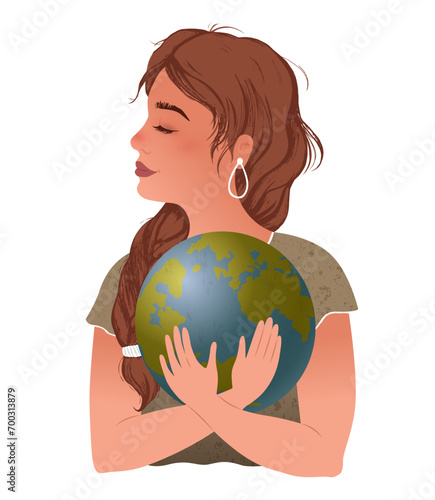 Girl hugs the planet Earth. Environmental problems. Earth Day. International Mother Earth Day. Vector modern flat illustration