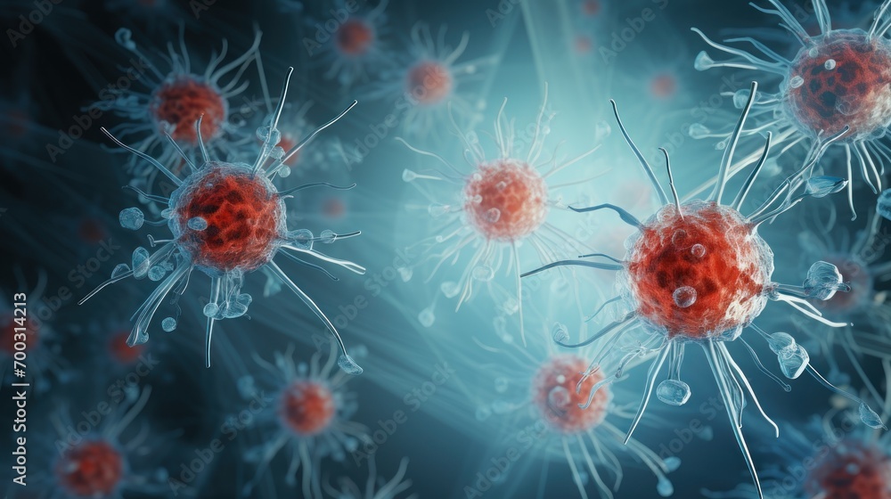 a group of red and white germs on a blue and black background with light coming from the top of them. a group of red and white germs on a blue and black background with light coming from the top of them.