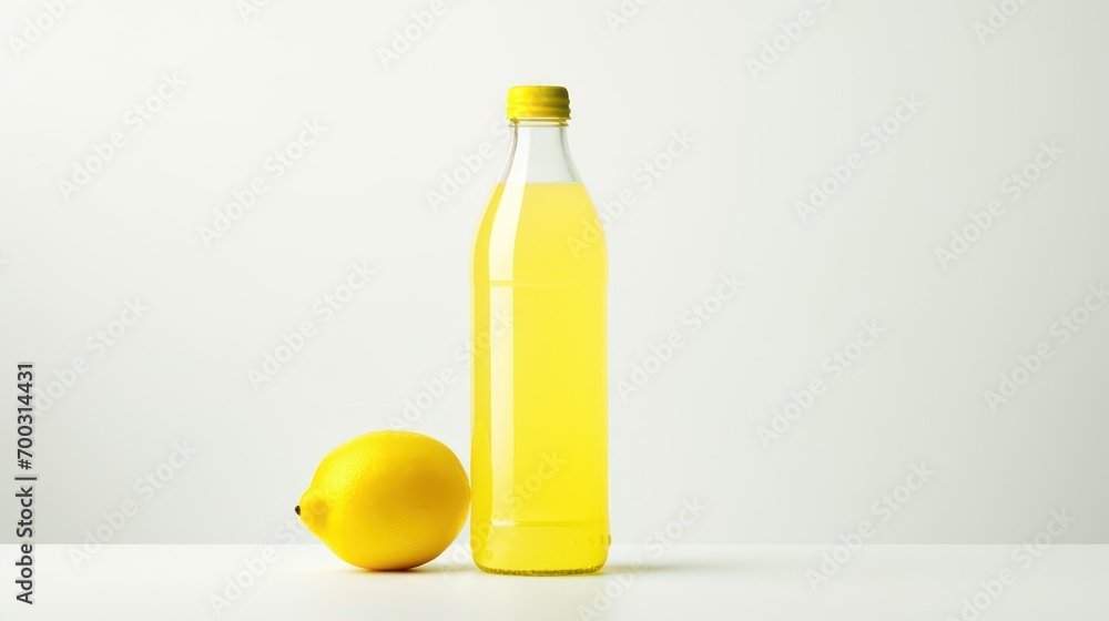 a bottle of lemonade next to a lemon on a white table with a half of a lemon next to it.