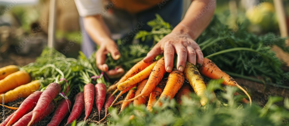 Female gardener with just harvested Rainbow carrots from her own garden. - obrazy, fototapety, plakaty 