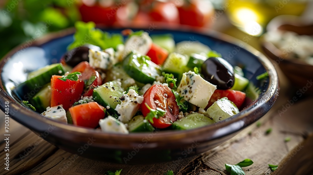 greek salad with feta, olives and cucumber - obrazy, fototapety, plakaty 