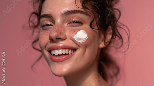 Close-up beauty shot featuring the face of a young brunette woman with a small drop of cream on her skin. Promotional image for a cream emphasizing good skin health. Pink background.