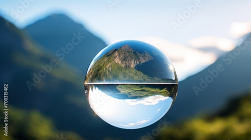  a reflection of a mountain in a glass ball on a sunny day in front of a blue sky and green mountains. © Olga