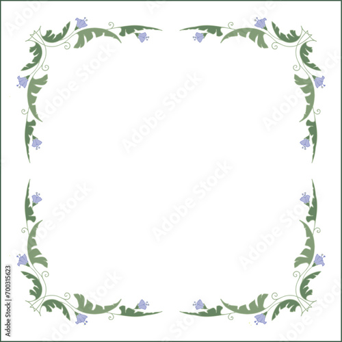 Green floral frame with leaves and blue flowers  decorative corners for greeting cards  banners  business cards  invitations  menus. Isolated vector illustration. 