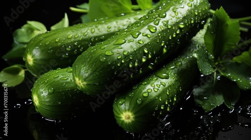  a pile of cucumbers sitting on top of a table covered in raindrops on a black surface.