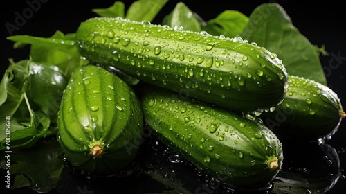  a pile of cucumbers sitting on top of a table covered in raindrops on a black surface.
