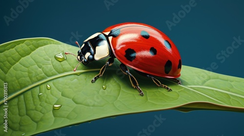  a ladybug sitting on top of a green leaf with drops of water on it's back legs. photo