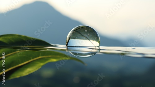  a close up of a leaf with a drop of water on the end of it and a mountain in the background.