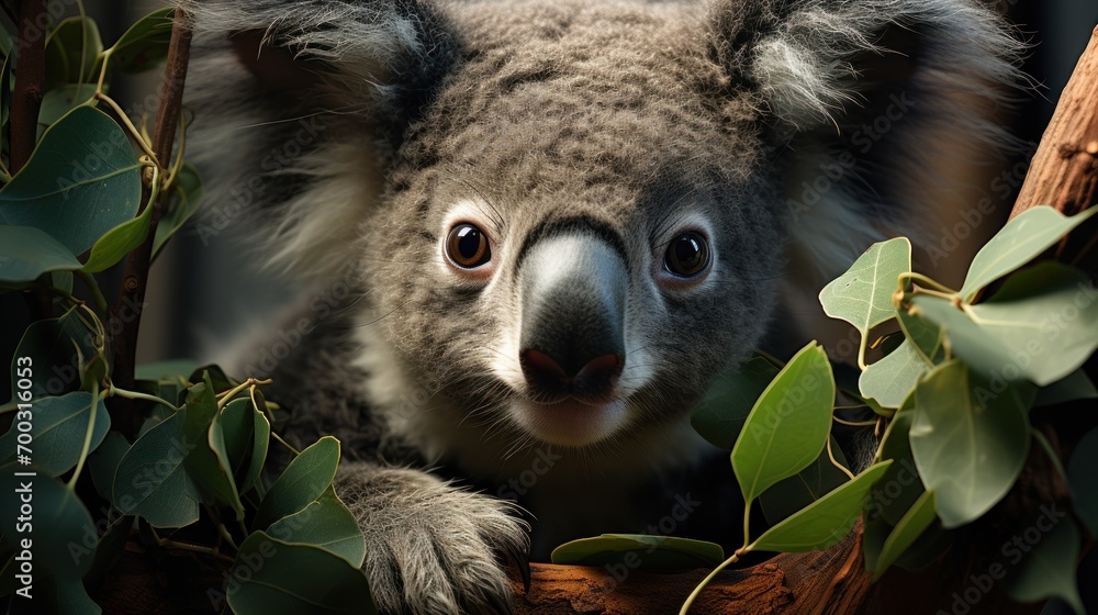 a close up of a koala in a tree with leaves on it's sides and a branch with leaves on it's sides. a close up of a koala in a tree with leaves on it's sides and a branch with leaves on it's sides.