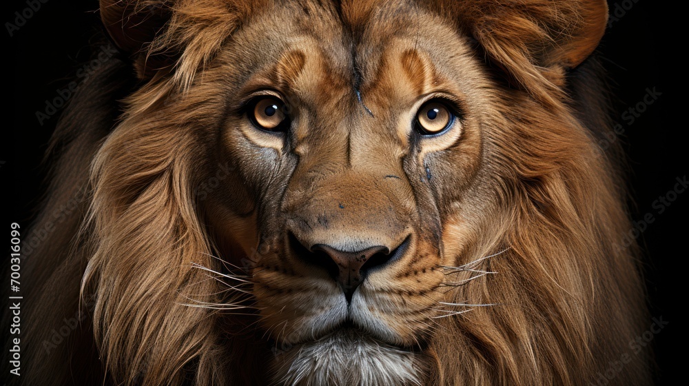  a close - up of a lion's face with blue eyes and long mane, on a black background.