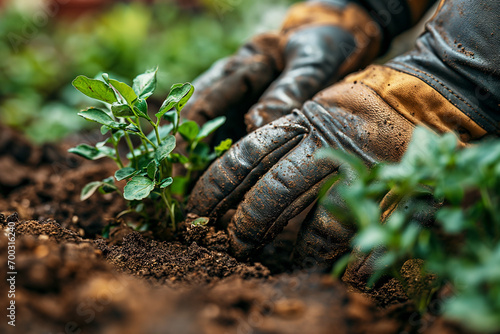 pair of hands wearing brown gardening gloves  planting a small green plant in the soil