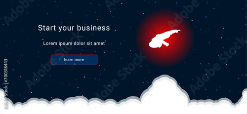 Business startup concept Landing page screen. The angle grinder symbol on the right is highlighted in bright red. Vector illustration on dark blue background with stars and curly clouds from below