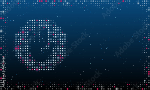 On the left is the stop hand symbol filled with white dots. Pointillism style. Abstract futuristic frame of dots and circles. Some dots is pink. Vector illustration on blue background with stars