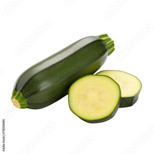 fresh organic zucchini cut in half sliced with leaves isolated on white background with clipping path photo