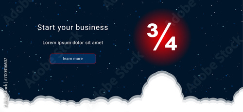 Business startup concept Landing page screen. The three quarters symbol on the right is highlighted in bright red. Vector illustration on dark blue background with stars and curly clouds from below photo
