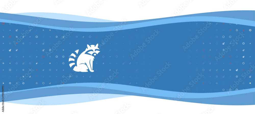 Fototapeta premium Blue wavy banner with a white raccoon symbol on the left. On the background there are small white shapes, some are highlighted in red. There is an empty space for text on the right side