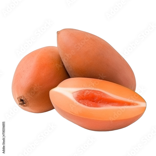 fresh organic mamey cut in half sliced with leaves isolated on white background with clipping path photo