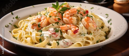 Delicious shrimp alfredo with creamy garlic sauce on pasta.
