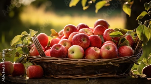  a basket filled with lots of red apples sitting on top of a wooden table next to a green leafy tree.