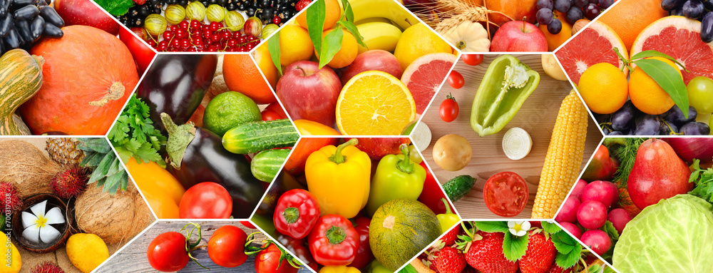 Photo collage of vegetables and fruits, located in a mosaic. Wide photo. - obrazy, fototapety, plakaty 