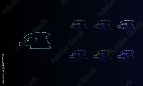 A set of neon sanding machine symbols. Set of different color symbols, faint neon glow. Vector illustration on black background